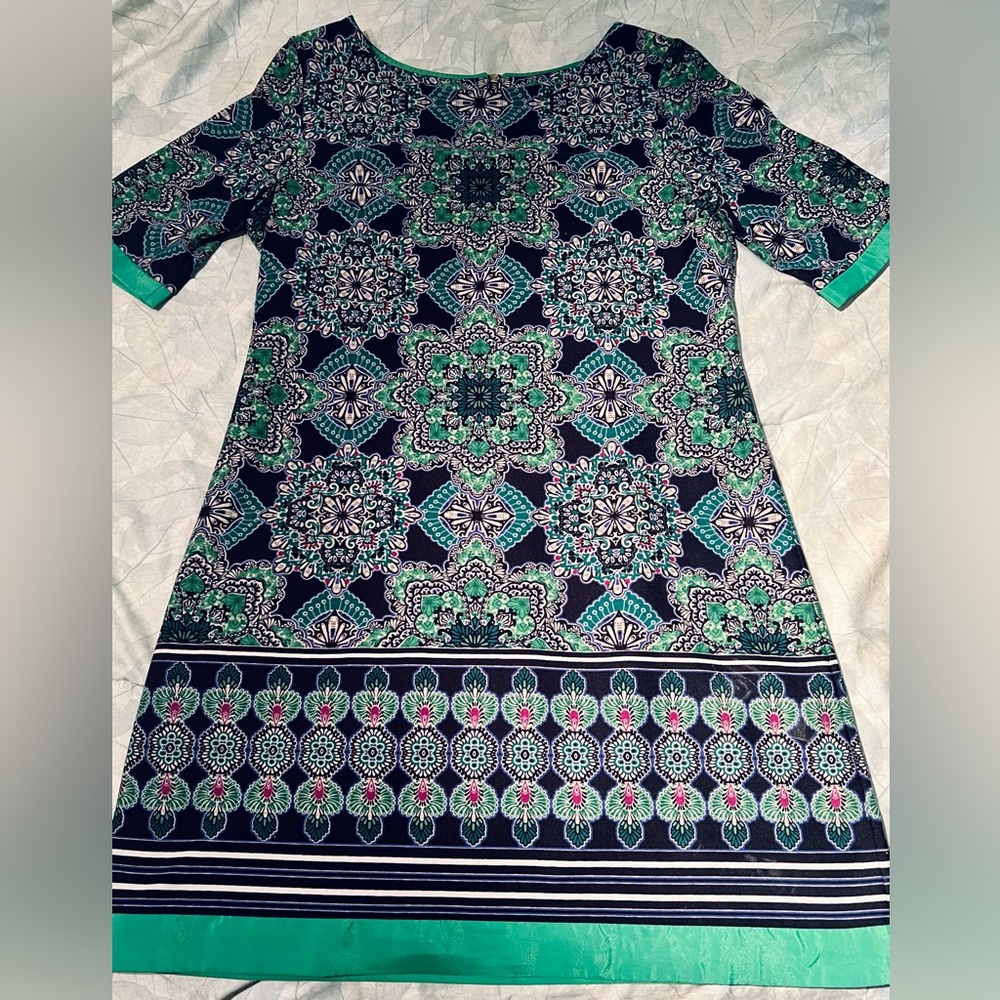 Eliza J Blue & Green Geometric Patterned Shift Dress | Sz. 12